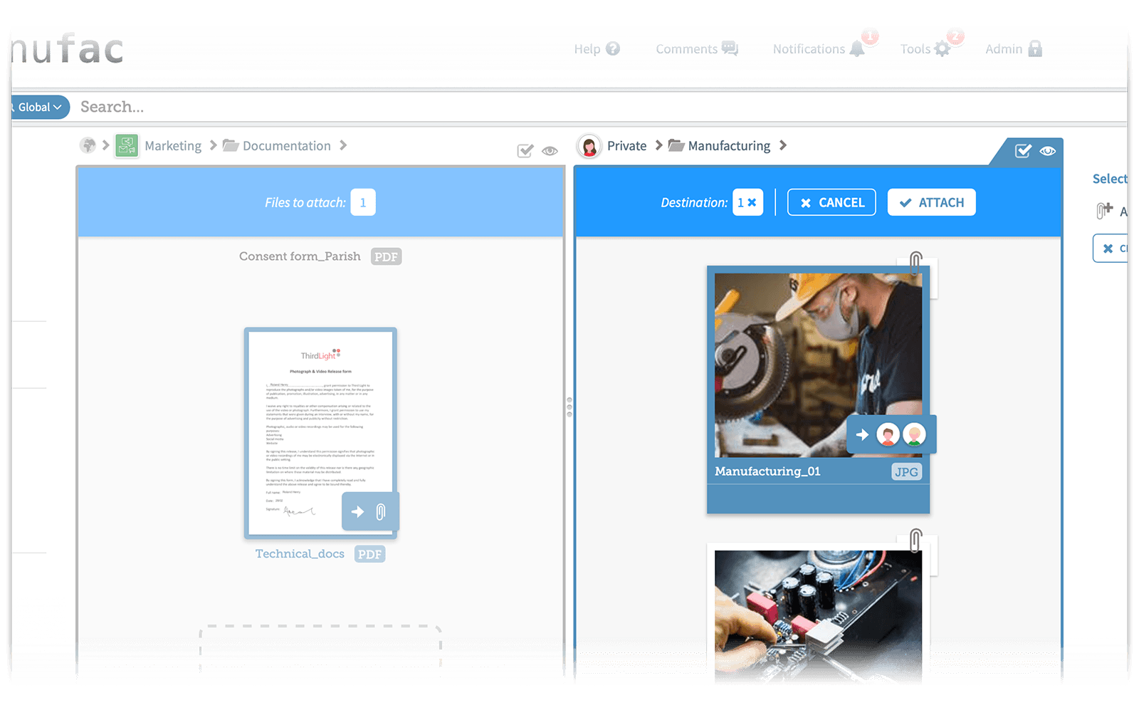 Attaching documents in digital asset management tools